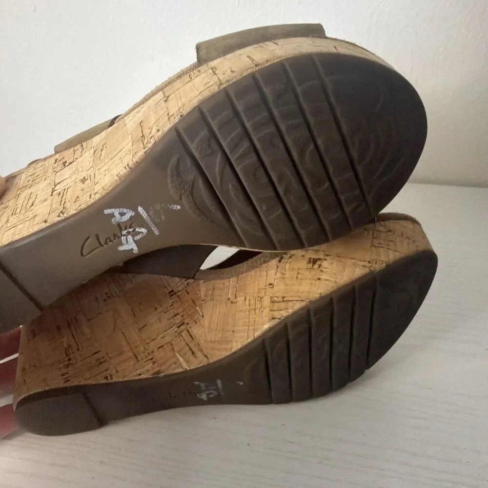 Clarks Artisan Wedge Sandals Women's 7 M Leather Slingback Cork Platform Y2K
